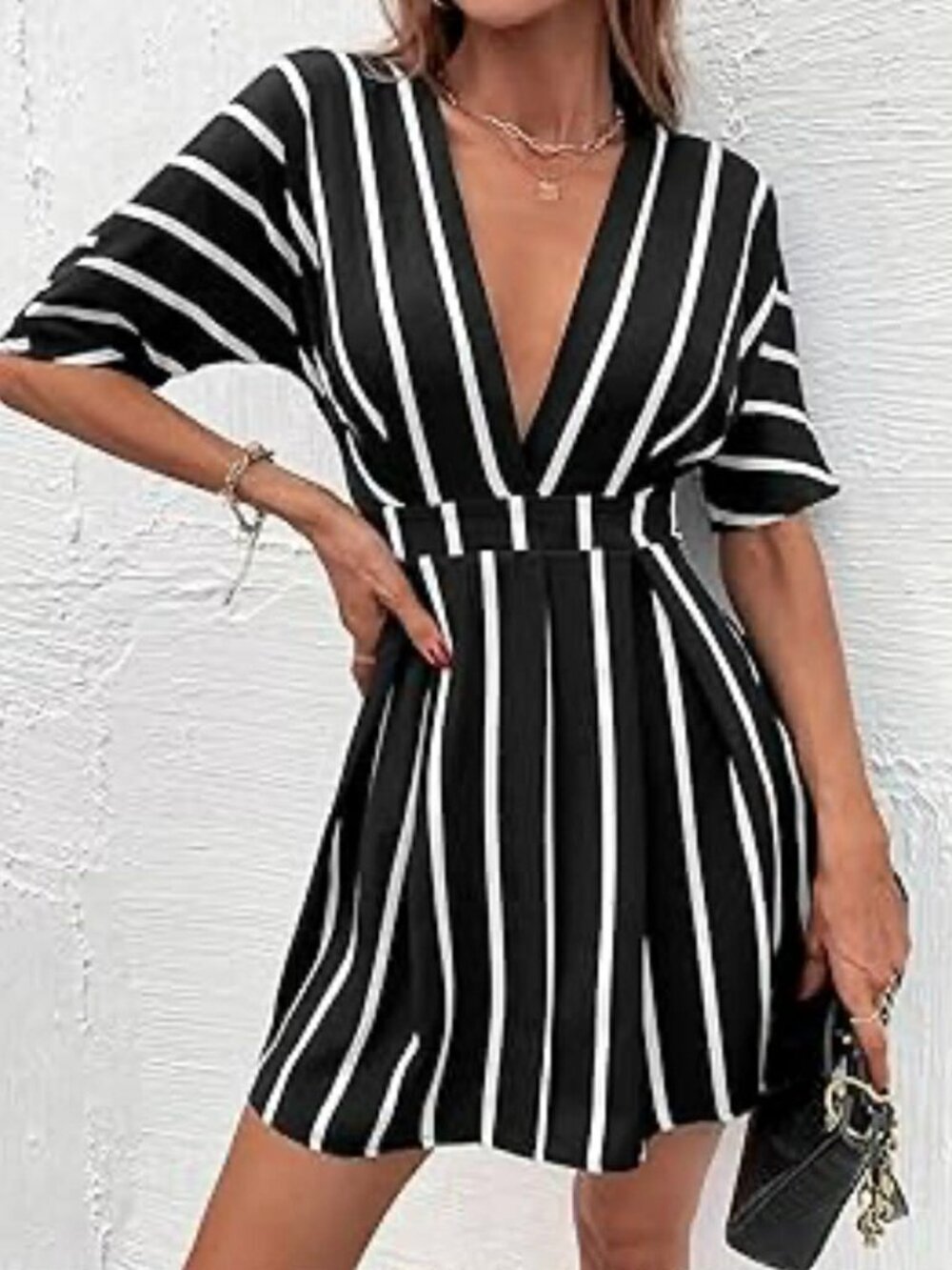Striped Low Neckline Fold Pleated Dress L